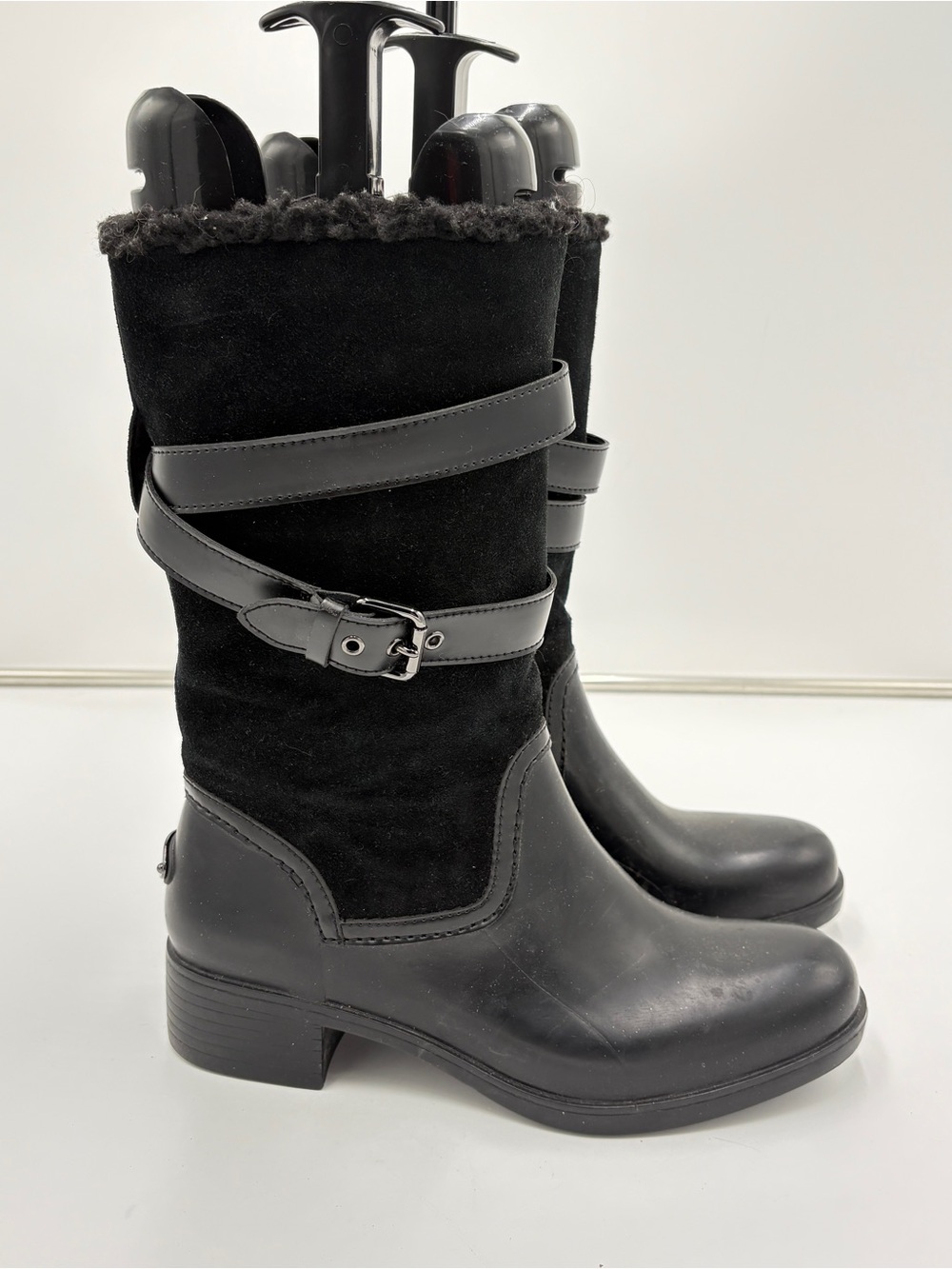 Coach Zena Black Leather Suede Mid Calf Boots Winter Warm Shearling Size 10